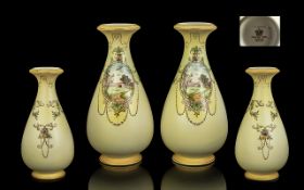 Pair of Cranford Burslem Vases, pale yellow with oval painted garden scene. Measure 9.5" tall.