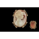A Fine Quality 18ct Gold and Diamond / Sapphire Mount Set Shell Cameo Brooch - Pendant.