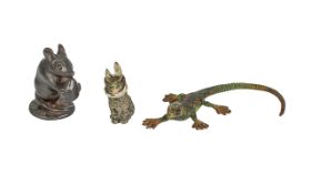 Three Cold Painted Bronzes, finely detailed, depicts a dormouse, a cat, and an alligator.