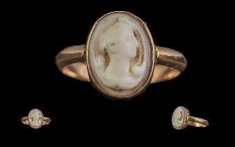 Antique 9ct Rose Gold Mounted White to Pink Cameo Set Ring. c.1900 - 1910. Marked 9ct Gold to Shank.
