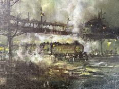 Graham Hedges Oil on Canvas Painting depicting a steam train at night.