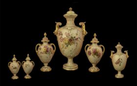 Royal Worcester Fine Trio of Hand Painted Blush Ivory Twin Handle Lidded Vases.