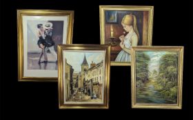 Collection of Four Paintings, comprising an oil on board by T O Thomson depicting a woodland scene,