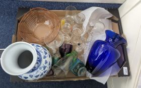 Collection of Pottery & Glass, including Chinese blue and white 12" vase, blue glass 9" vase,