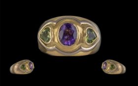18ct Gold Heavy Gold Quality 3 Stone Peridot & Amethyst Set Dress Ring - Marked 750 To Shank.