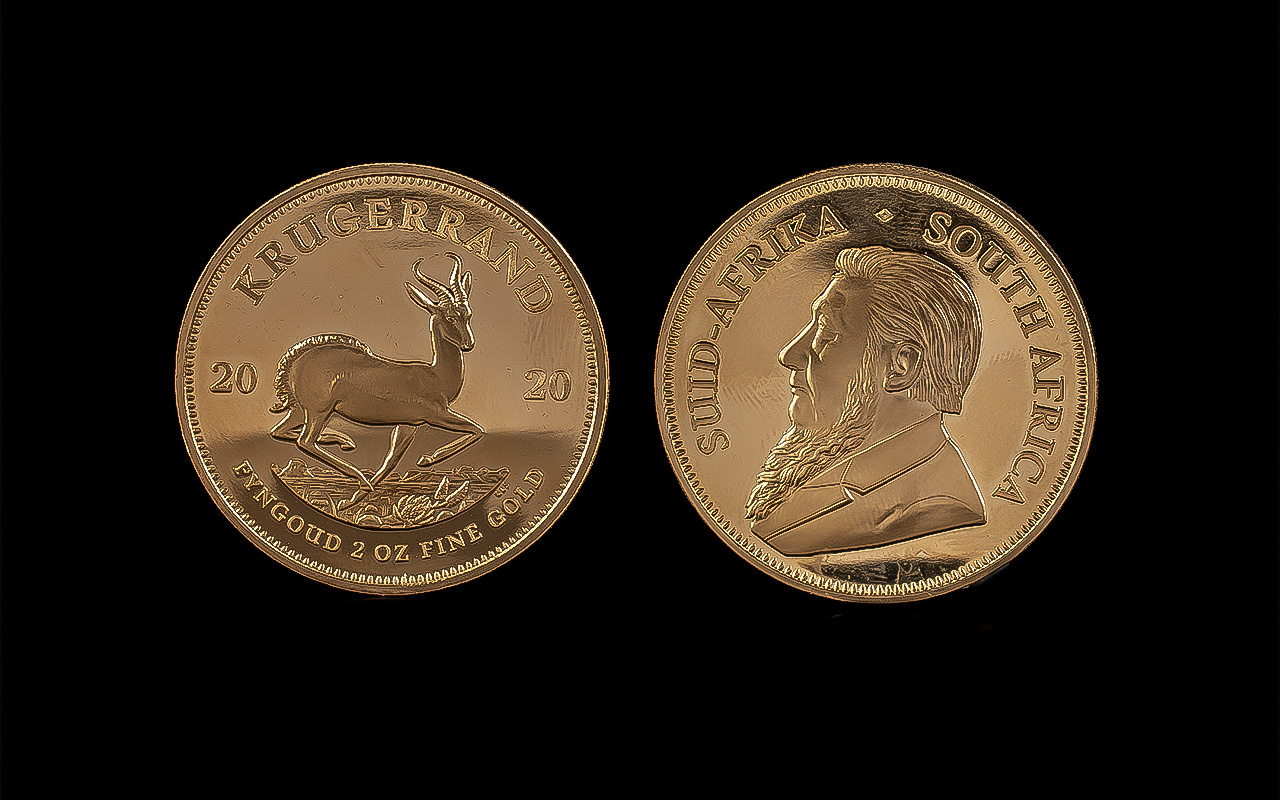 South Africa Mint 2 oz Gold Proof Struck Kruggerand - Date 2020. Weight 67.86 grams.