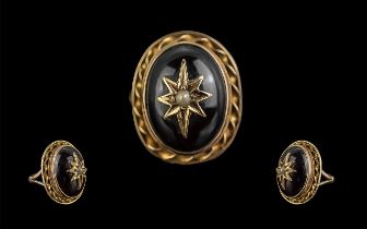 Antique Period - Pleasing 15ct Gold Black Enamel and Pearl Set Dress Ring.