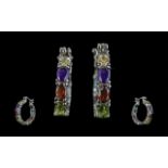 Multi Gemstone Hoop Earrings, each hoop set with oval cuts of citrine, amethyst,