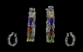 Multi Gemstone Hoop Earrings, each hoop set with oval cuts of citrine, amethyst,