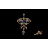 Victorian Period 1837 - 1901 Superb 15ct Gold Sapphire and Seed Pearl Set Brooch/ Pendant in