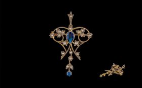 Victorian Period 1837 - 1901 Superb 15ct Gold Sapphire and Seed Pearl Set Brooch/ Pendant in