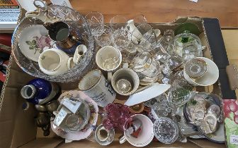 Box of Assorted Pottery, including commemorative ware, glass ware, crested ware, cranberry glass,