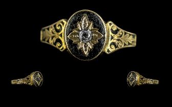 Victorian Period 1937 - 1901 15ct Gold Black Enamel and Diamond Set Ring.