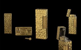 Dunhill Deluxe Version Heavy Gold Plated Lighter, ' Bark ' Design. c.1960's. 2.5 Inches - 6.