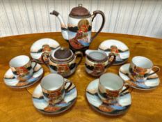 Japanese Porcelain Coffee Set. Includes Coffee Pot, Milk Jug, Sugar Bowl, 6 Saucers and 5 Cups.