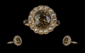 Antique Period - Superb Quality 18ct Gold Smoky Topaz and Seed Pearl Set Dress Ring.