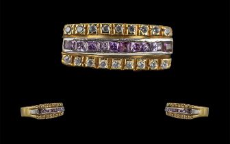 18ct Gold - Excellent and Well Made Diamond and Amethyst Set Dress Ring,