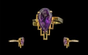 18ct Gold Superb Quality Bespoke and Hand Made Single Stone Amethyst Set Ring, the large,