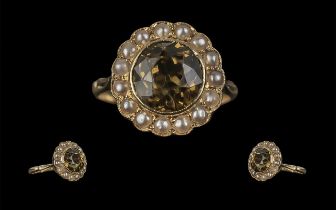 Antique Period - Superb Quality 18ct Gold Smoky Topaz and Seed Pearl Set Dress Ring. Marked 18ct