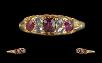 Antique Period - Attractive 18ct Gold Ruby and Diamond Set Ring, Gallery Setting. Full Hallmark