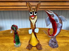 Three Pieces of Murano Style Art Glass Figures, a rabbit, a dog and a fish, tallest 14''.