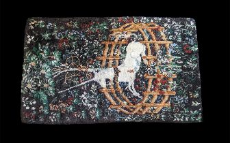 Arts & Crafts Colourful Rug, centre depicts a deer surrounded by colourful fauna. Measures 43'' wide