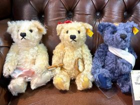 Three Steiff Teddy Bears, comprising Monday's Bear, plush cream wool with brush and mirror, 9.5''