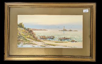 R J Pollard Watercolour dated 1926, depicting a beach with rowing boats, and Edison Lighthouse in