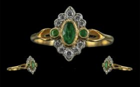 Ladies 18ct Gold Attractive and Exquisite Emerald and Diamond Set Dress Ring. Full Hallmark to