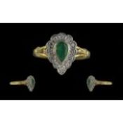 18ct Gold Attractive Diamond and Emerald Set Ring, Full Hallmark to Interior of Shank. The Pear