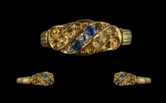 Victorian Period - Attractive and Petite 18ct Gold Diamond and Sapphire Set Ring. Marked 18ct to