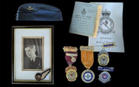 Small Collection of Military Items, including a Royal Air Force hat, framed photograph of Flying