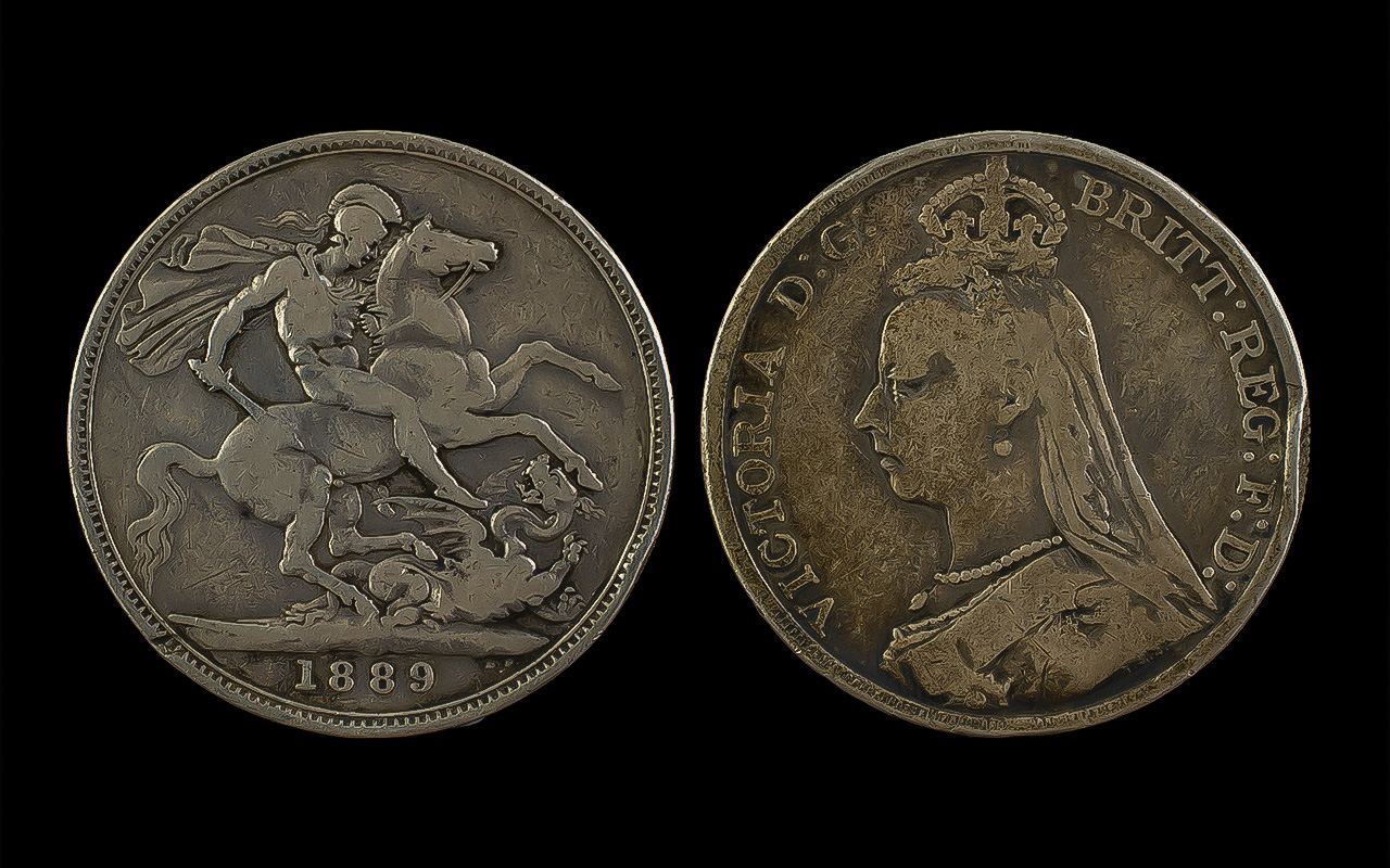 Coin Interest - Great Britain, 1889 Crown, Victoria Jubilee Bust, on the reverse St George and - Image 2 of 2