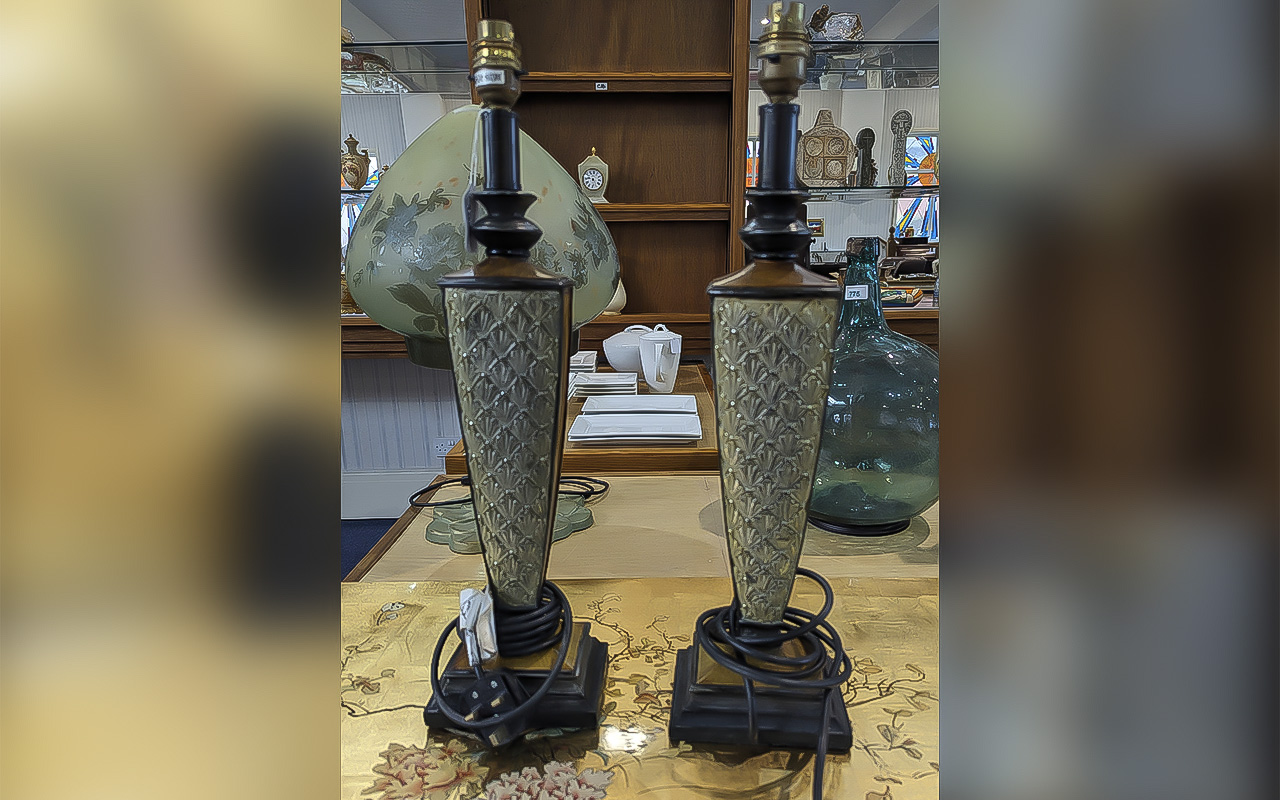 Pair of Matching Art Deco Style Table Lamps, wooden column style raised on stepped bases, with metal