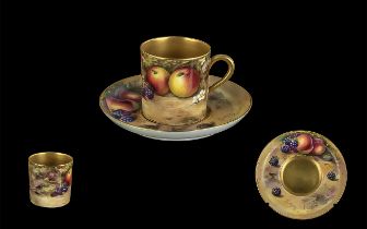 Royal Worcester Matched Small Coffee Can and Saucer, hand painted with still life 'Fallen Fruits'