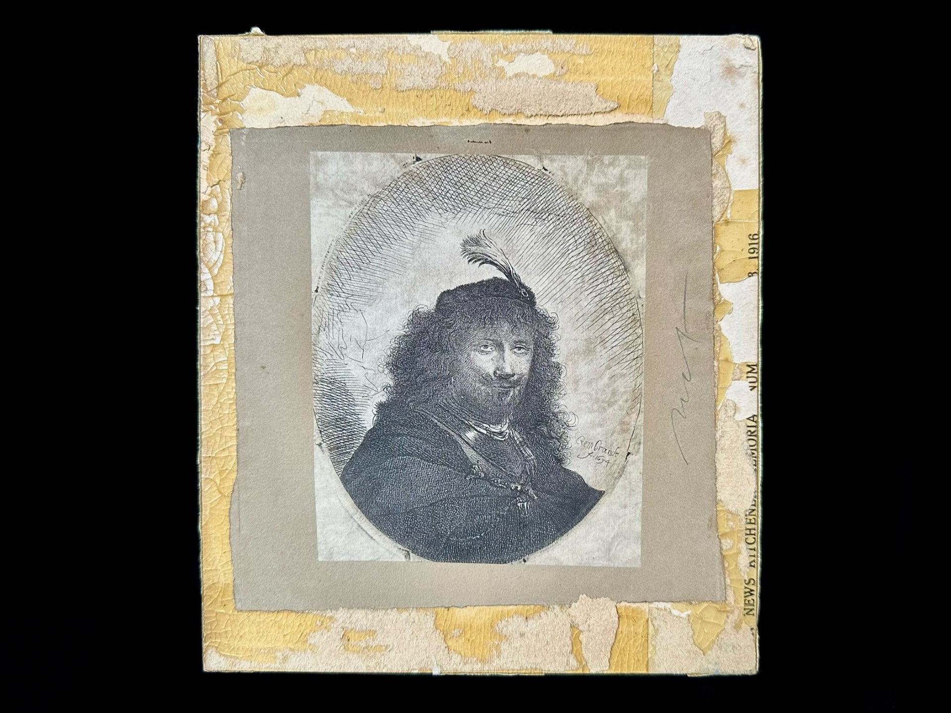 Rembrandt Van Rijn (Dutch 1606 - 1669 Manner of) Antique Etching - Self Portrait With Plumed Cap, - Image 2 of 3
