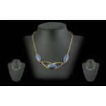 Ladies - Excellent Quality 1950's Fashion 9ct Gold Lapis - Lazuli Set Necklace, Pleasing Design.