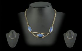 Ladies - Excellent Quality 1950's Fashion 9ct Gold Lapis - Lazuli Set Necklace, Pleasing Design.