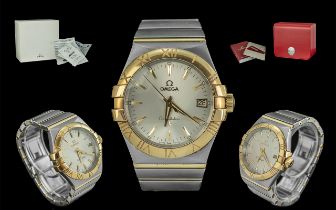 Omega - Constellation Gents 18ct Gold and Stainless Steel Quartz Wrist Watch. Ref No 12320356002002,