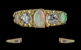 Antique Period - Good Quality 18ct Gold 5 Stone Opal and Diamond Set Ring, Gallery Setting. Not