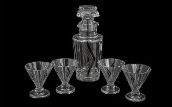 Art Deco Glass Cocktail Decanter and Five Cocktail Glasses, odd nicks to rims of glasses, black