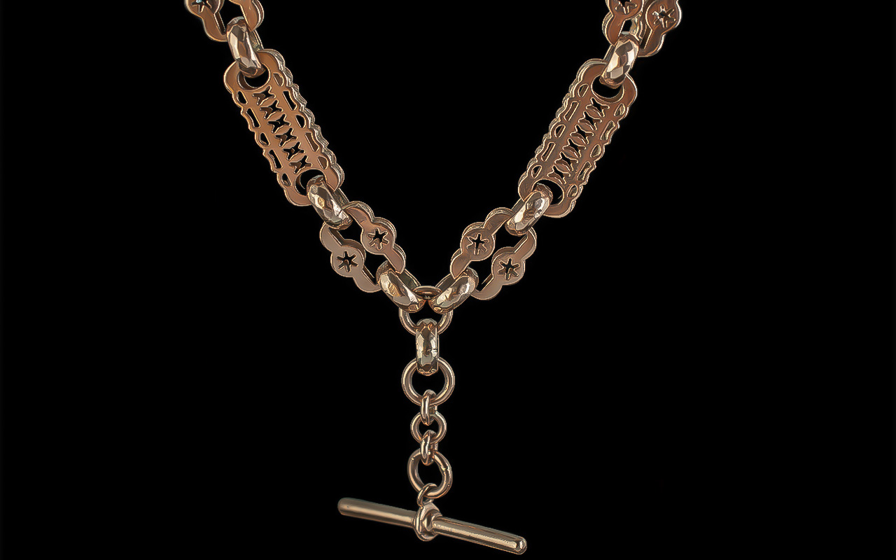 Victorian Period Superb Quality 9ct Rose Gold Ornate Double Albert Chain with Lobster Claw Clasp and - Image 2 of 2
