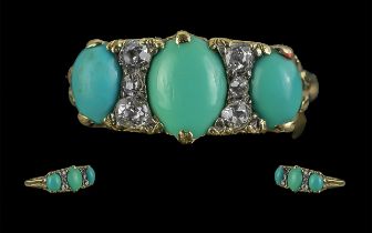 Antique Period 18ct Gold Turquoise and Diamond Set Ring of Pleasing Design, Ornate Open Setting.