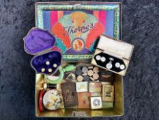 Tin of Assorted Collectible Items, to include studs, set of draughts, compact, pin tins, etc.