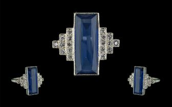 Ladies Art Deco Period Superb Platinum Set Sapphire and Diamond Set Dress Ring. c.1920's. Set with a