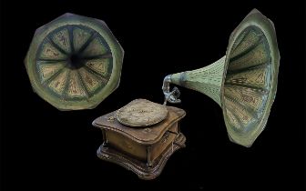 Traditional Gramophone with Large Green Horn, inlaid wooden case, wind up handle, circa 1920/30's.