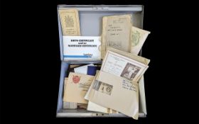 Metal Deed Box containing a collection of personal ephemera, including Buckingham Palace letter,