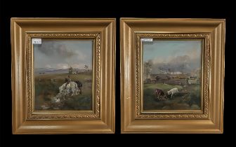 Two Hugh Berry Scott Oil on Canvas Paintings, one depicting farm scenes and barns, the other