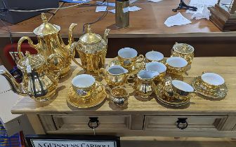 Vintage Czechoslovakian Gilt Porcelain Tea Service 'Bernadette', including tea pot, coffee pot,