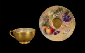 Royal Worcester Signed and Hand Painted Small Cup and Saucer ' Fruits ' Stillife, Signed W.H.Austin,